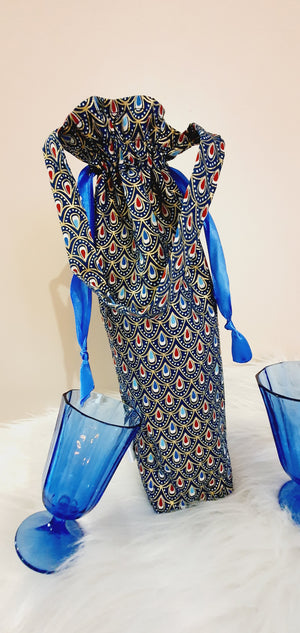 Pochon pour Bouteille "Gouttes Brillante Bleu/Or"